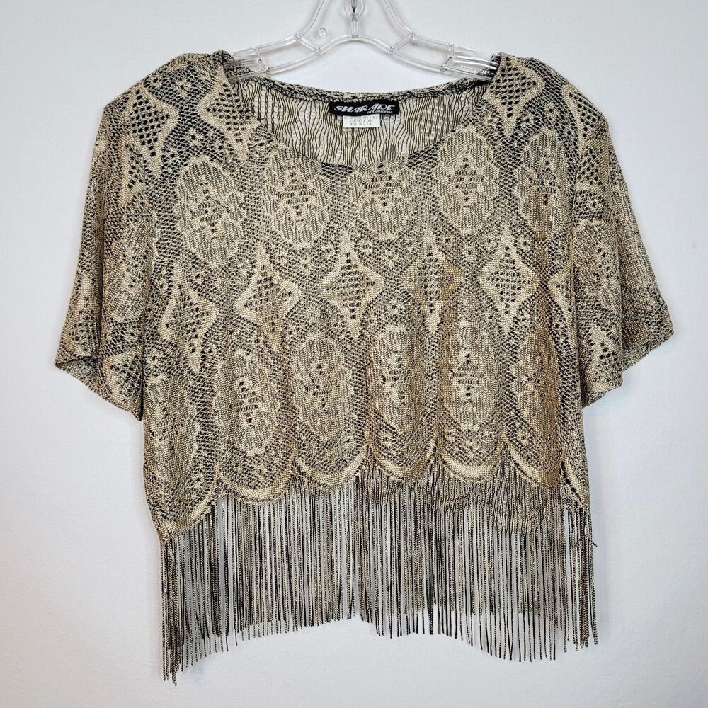 VTG Sharade Top Sheer Gold Lace & Fringe Womens 12 Indie Boho Glam Stevie Nicks